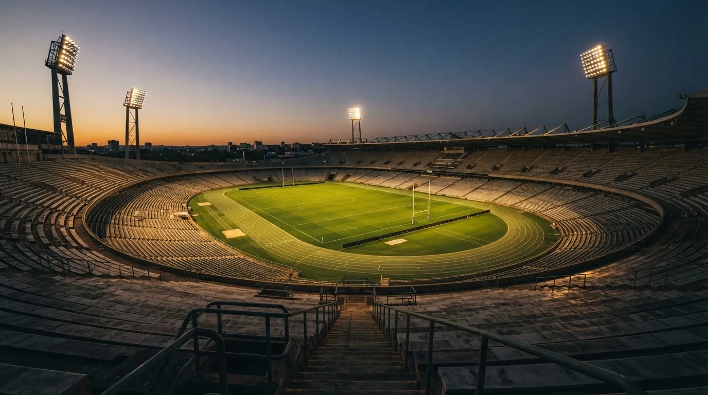 An empty football stadium with floodlight masts at dusk