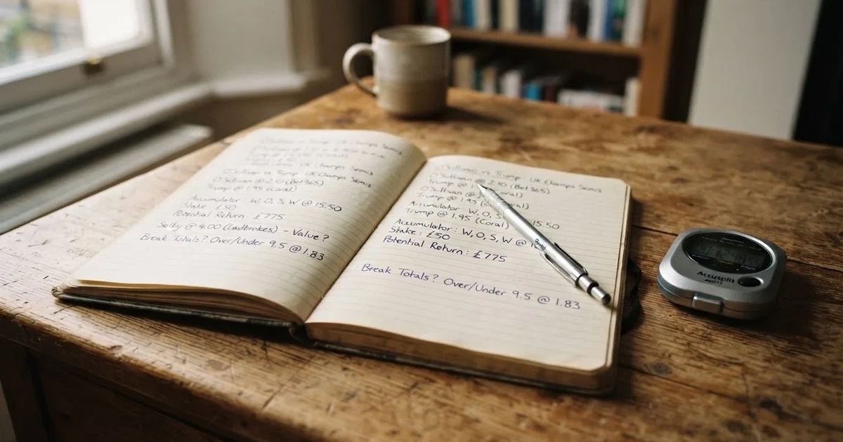 An open notebook with a pencil and a stopwatch on a wooden table