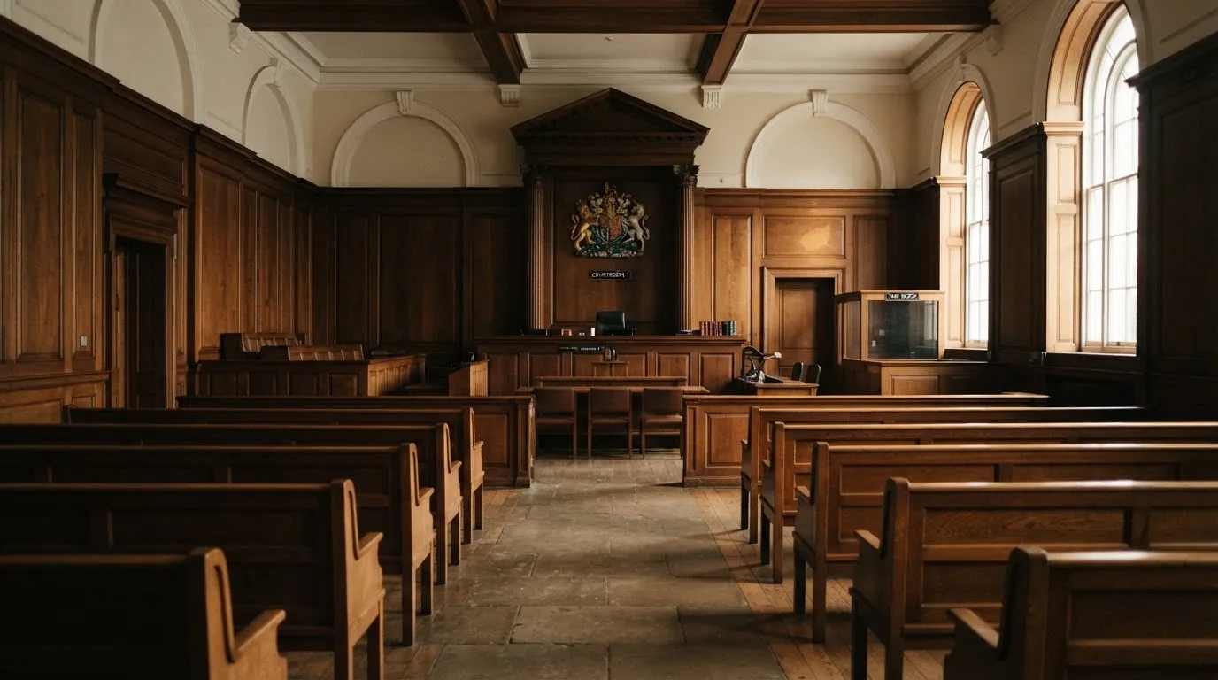An empty courtroom with wooden benches in morning light