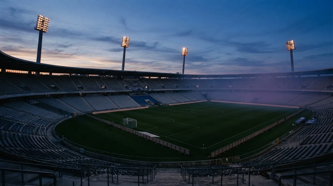 An empty football stadium with floodlight masts at dusk