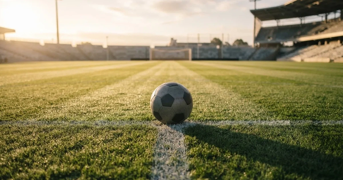 A ball on the centre spot of a grass pitch in morning light