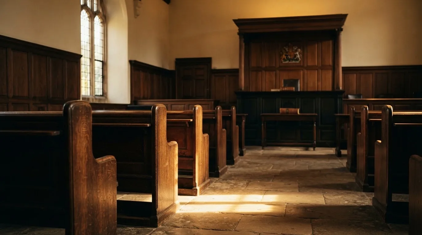 An empty courtroom with wooden benches in morning light