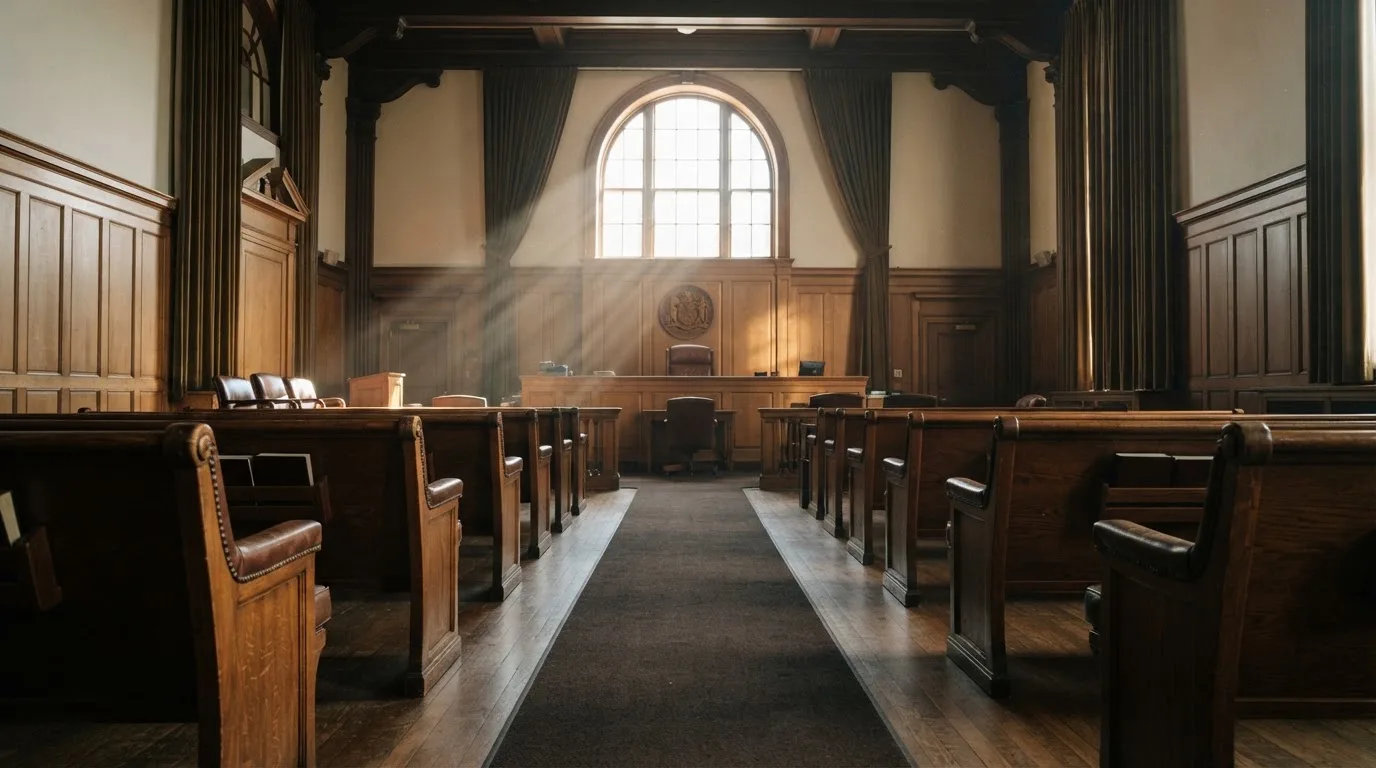 An empty courtroom with wooden benches in morning light