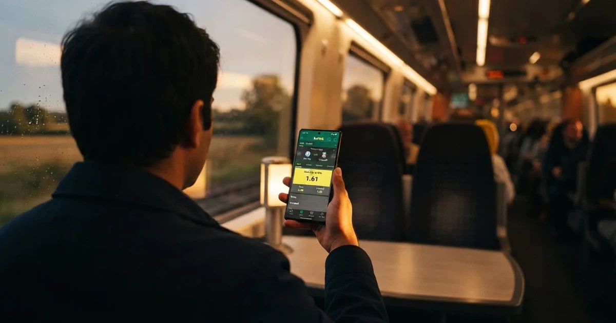 A hand holding a smartphone on a train in the evening, screen turned away