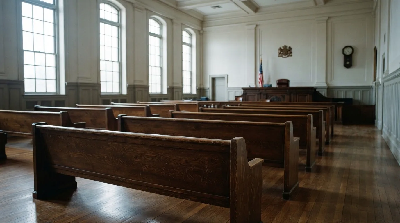 An empty courtroom with wooden benches in morning light