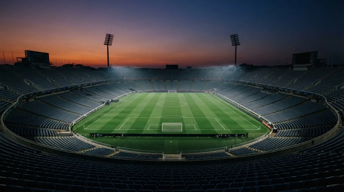 An empty football stadium with floodlight masts at dusk