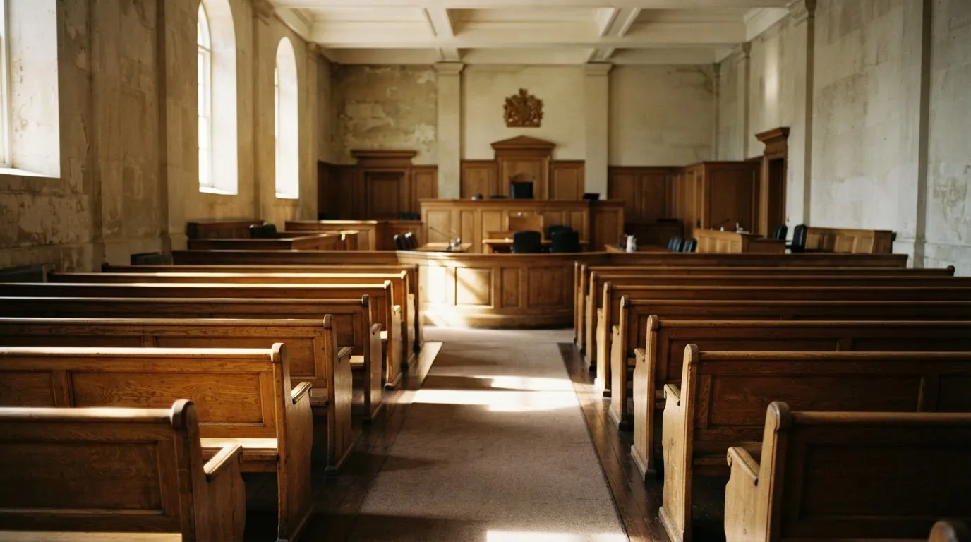 An empty courtroom with wooden benches in morning light