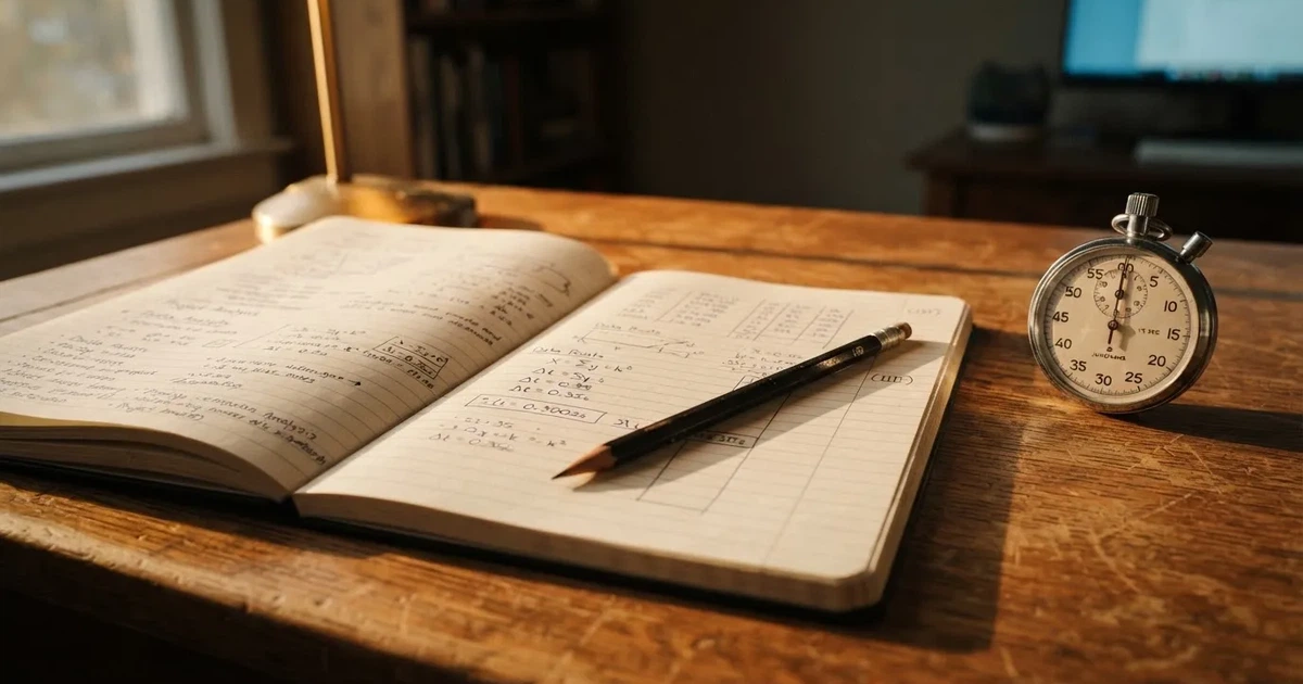 An open notebook with a pencil and a stopwatch on a wooden table