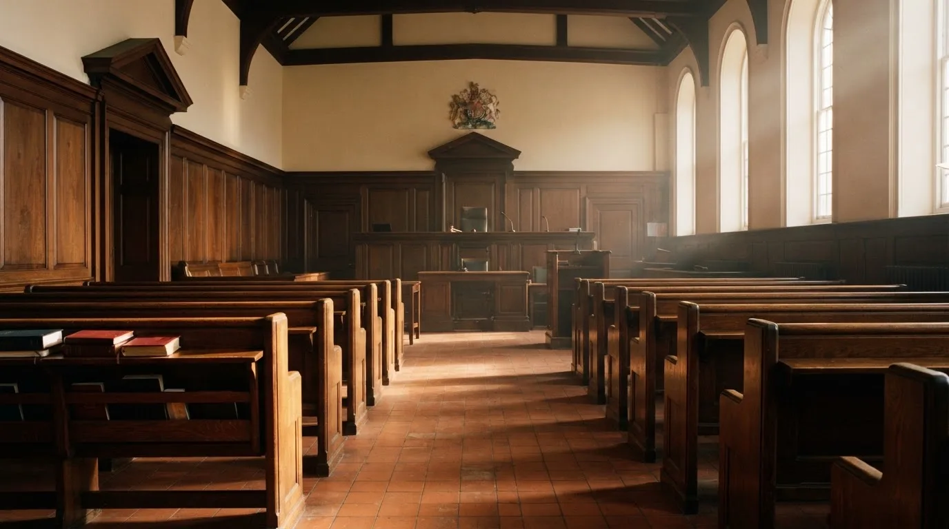 An empty courtroom with wooden benches in morning light