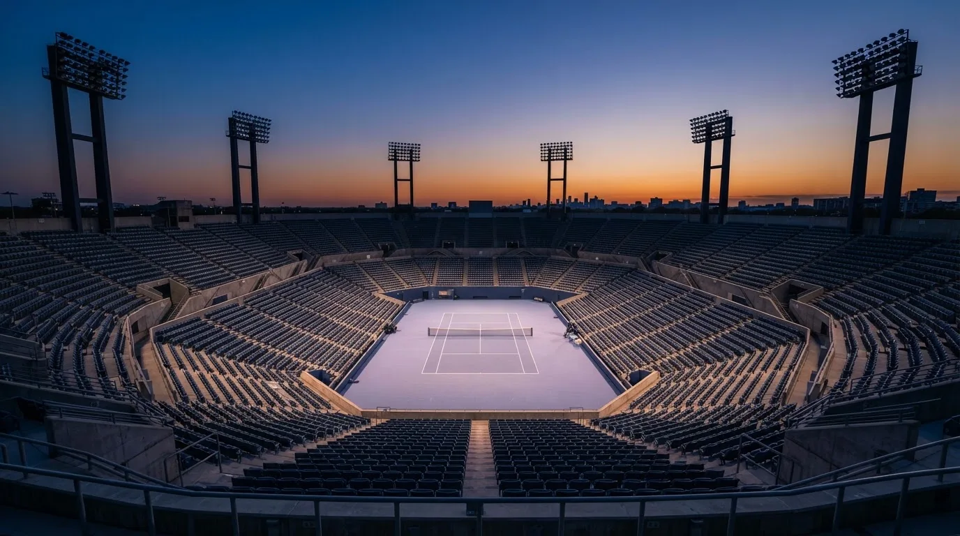 An empty football stadium with floodlight masts at dusk