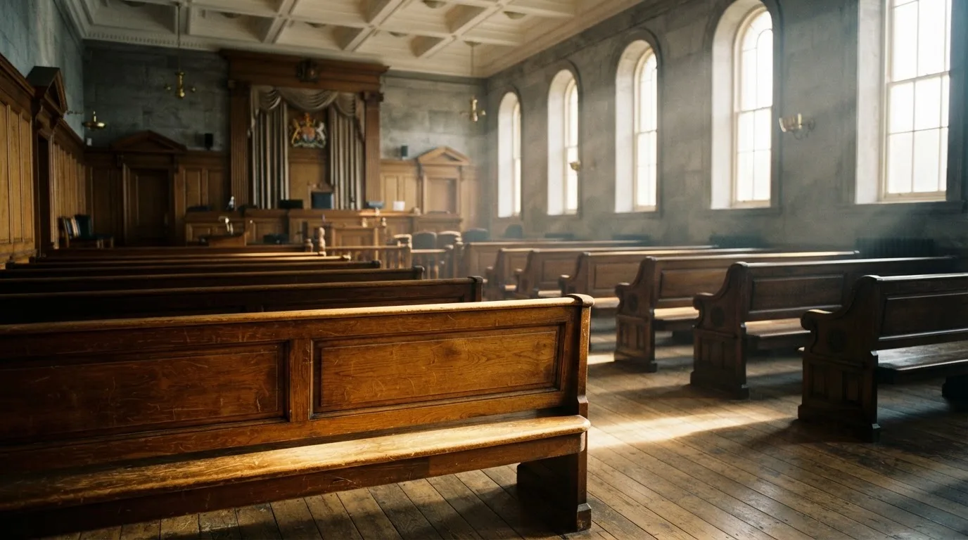 An empty courtroom with wooden benches in morning light