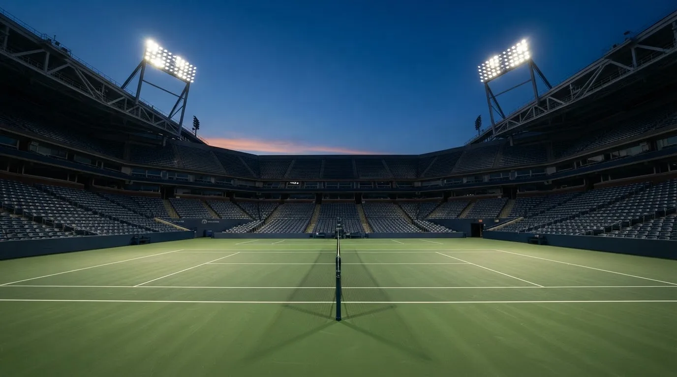 An empty football stadium with floodlight masts at dusk