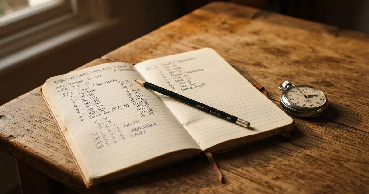 An open notebook with a pencil and a stopwatch on a wooden table