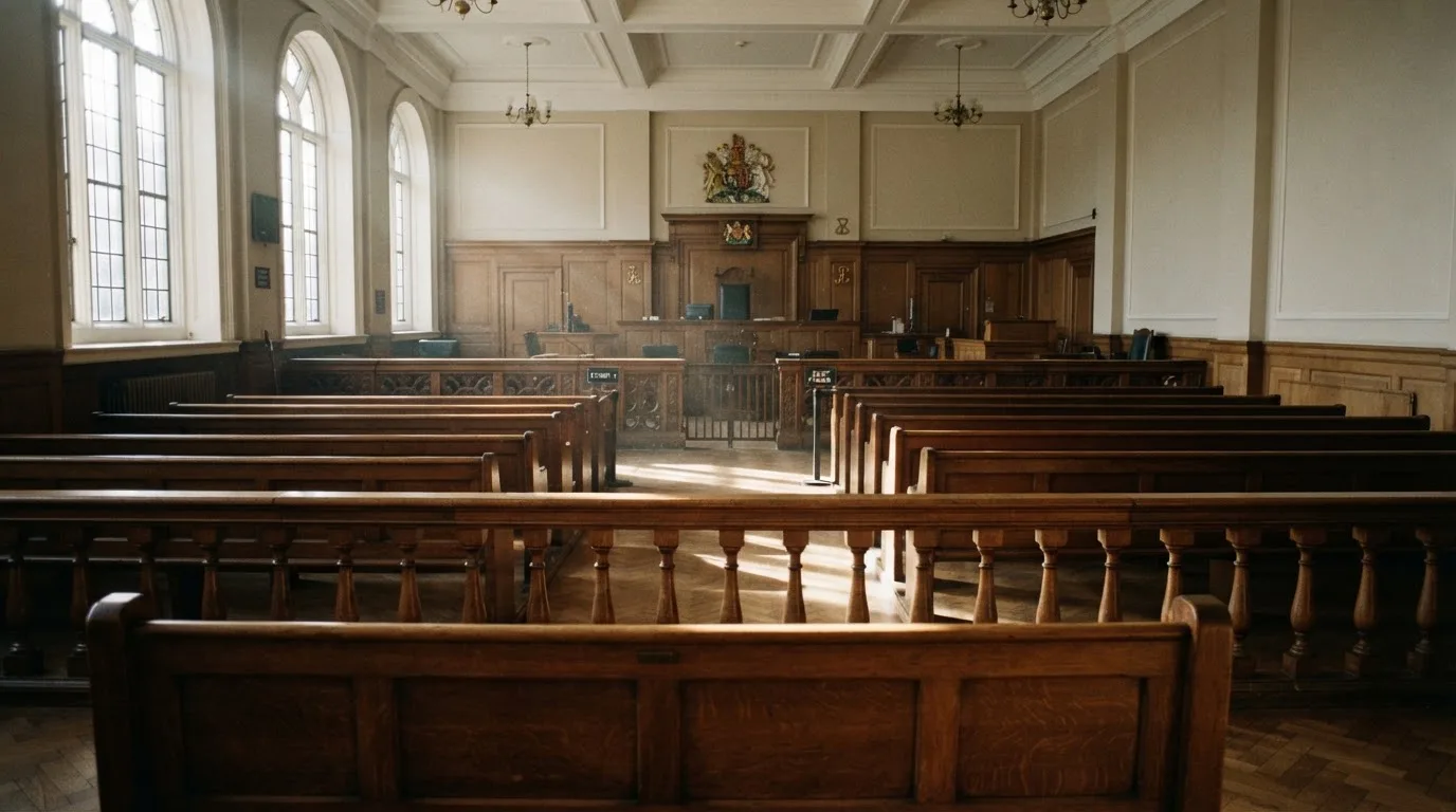 An empty courtroom with wooden benches in morning light