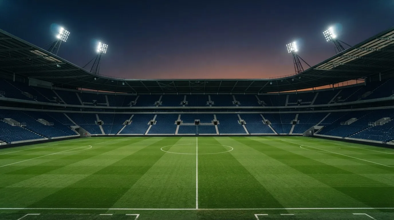 An empty football stadium with floodlight masts at dusk