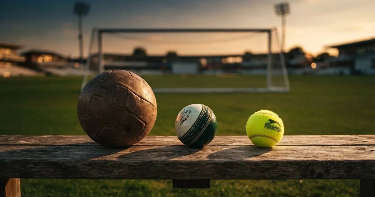Three balls of different kinds side by side on a wooden bench
