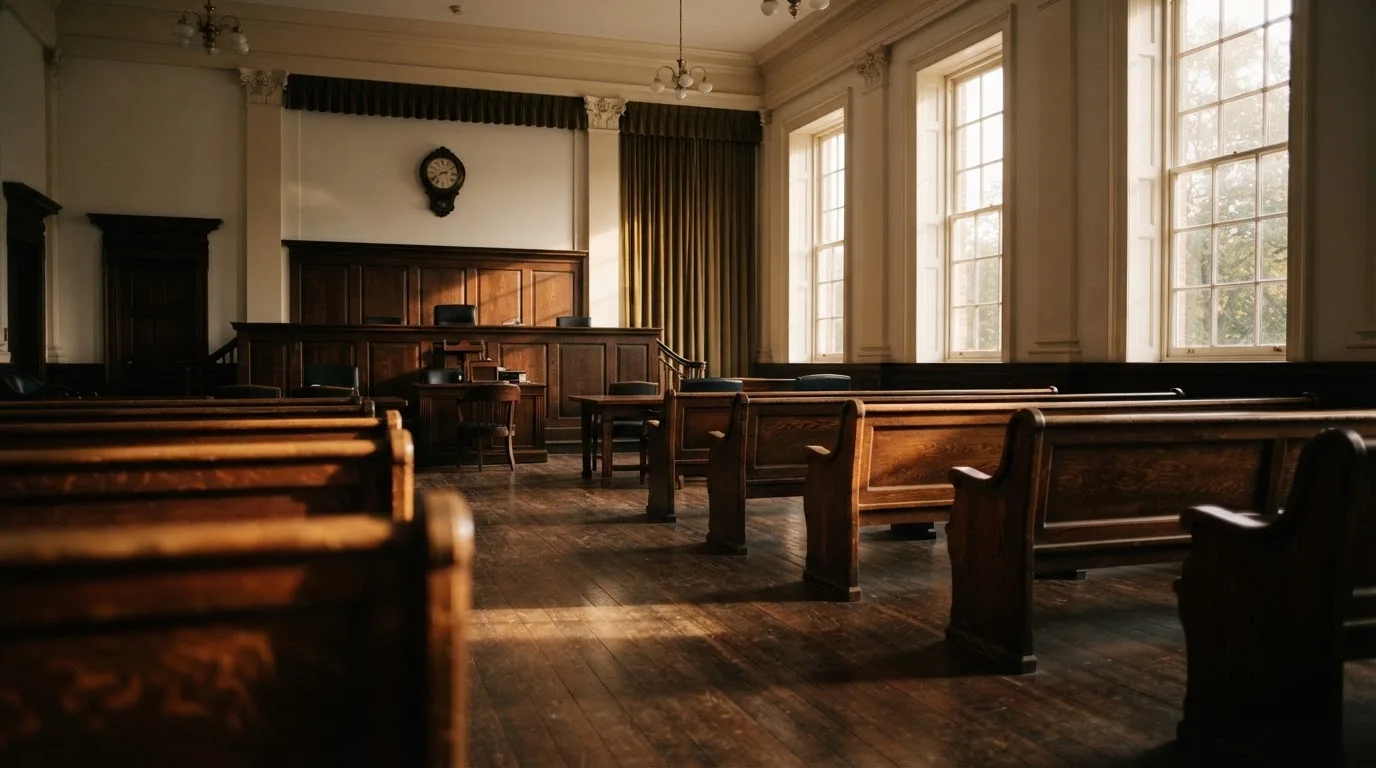 An empty courtroom with wooden benches in morning light