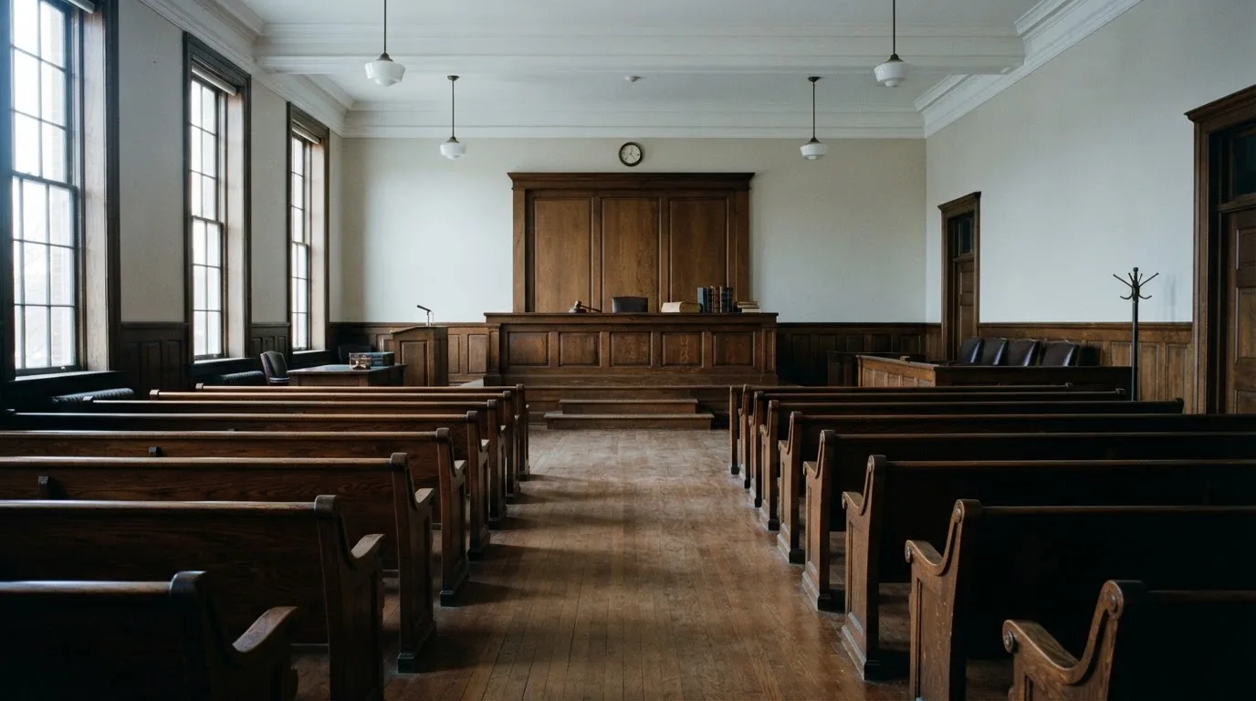 An empty courtroom with wooden benches in morning light