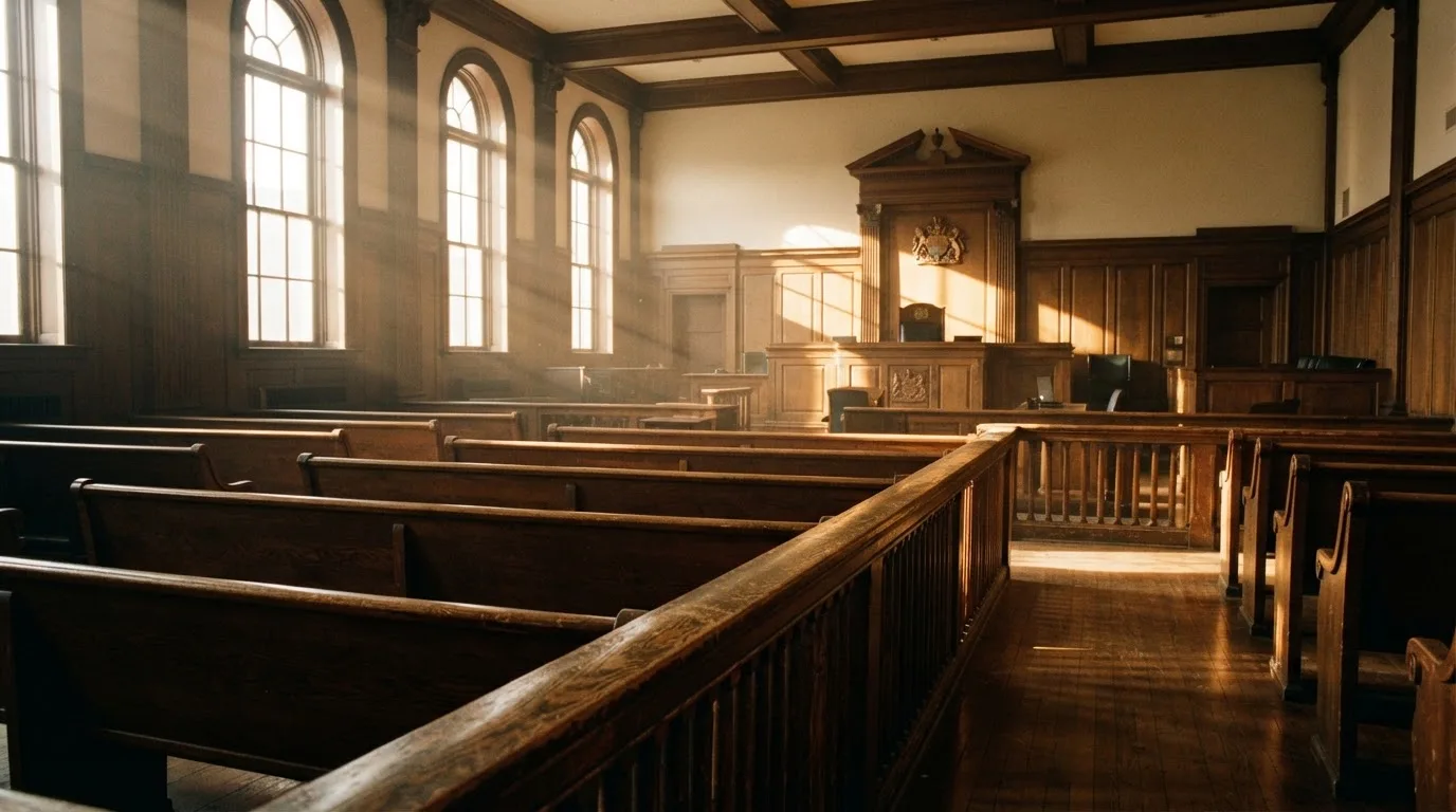An empty courtroom with wooden benches in morning light