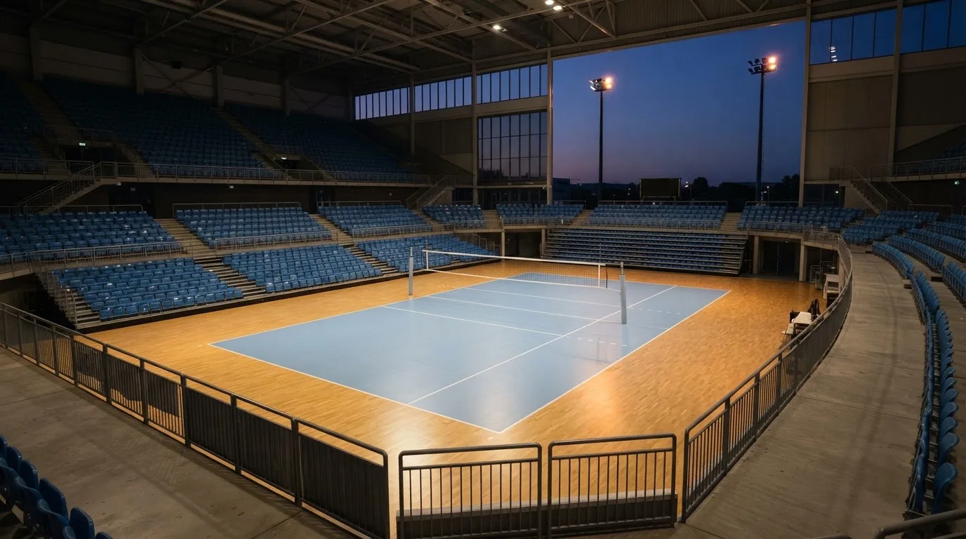 An empty football stadium with floodlight masts at dusk