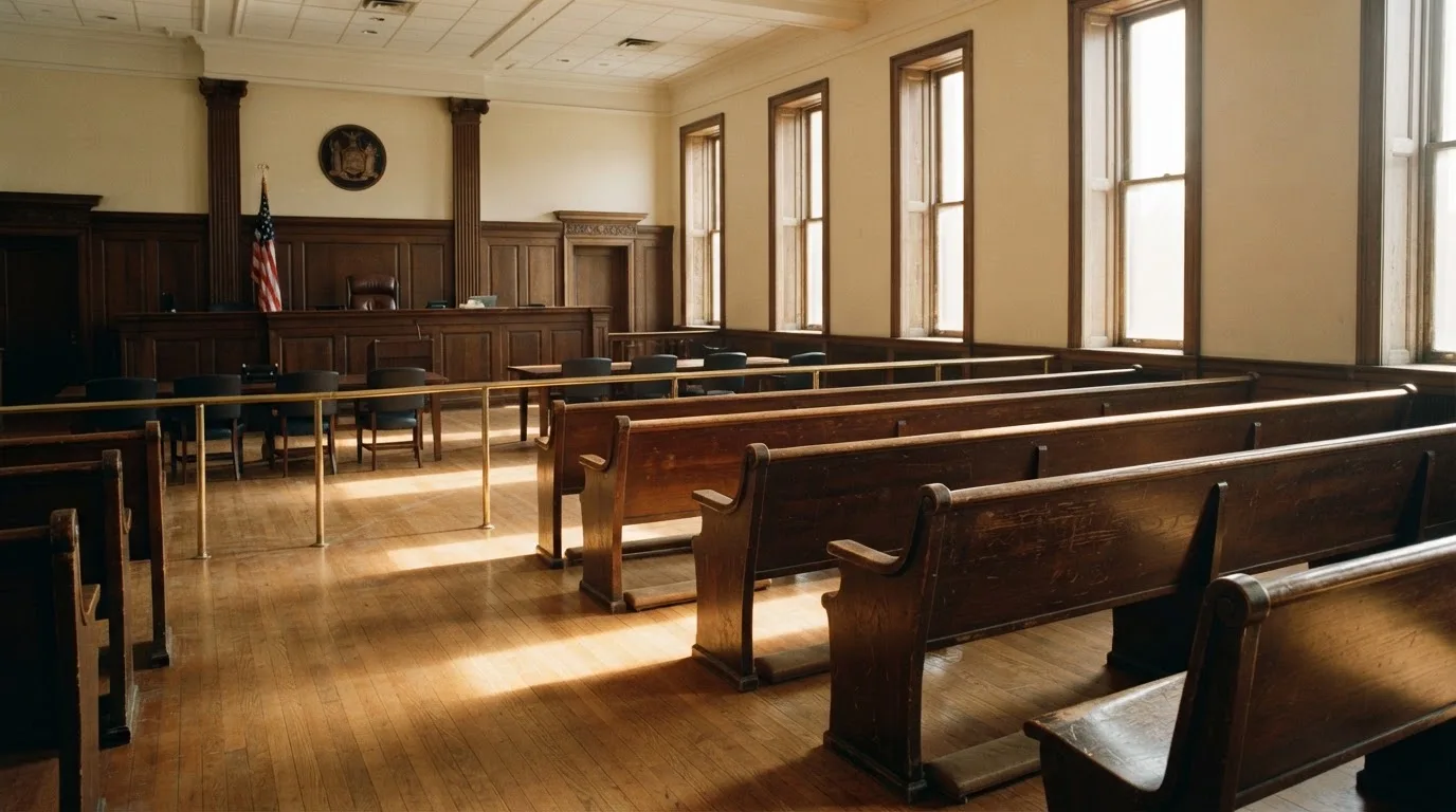 An empty courtroom with wooden benches in morning light