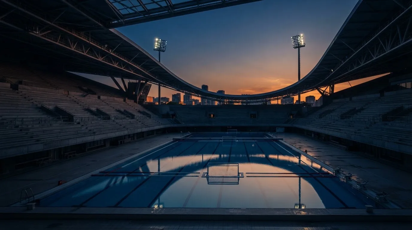 An empty football stadium with floodlight masts at dusk