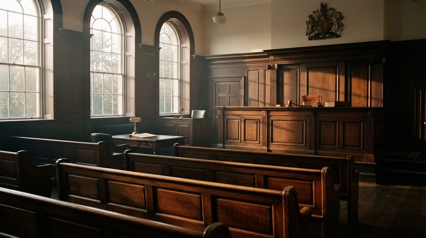 An empty courtroom with wooden benches in morning light