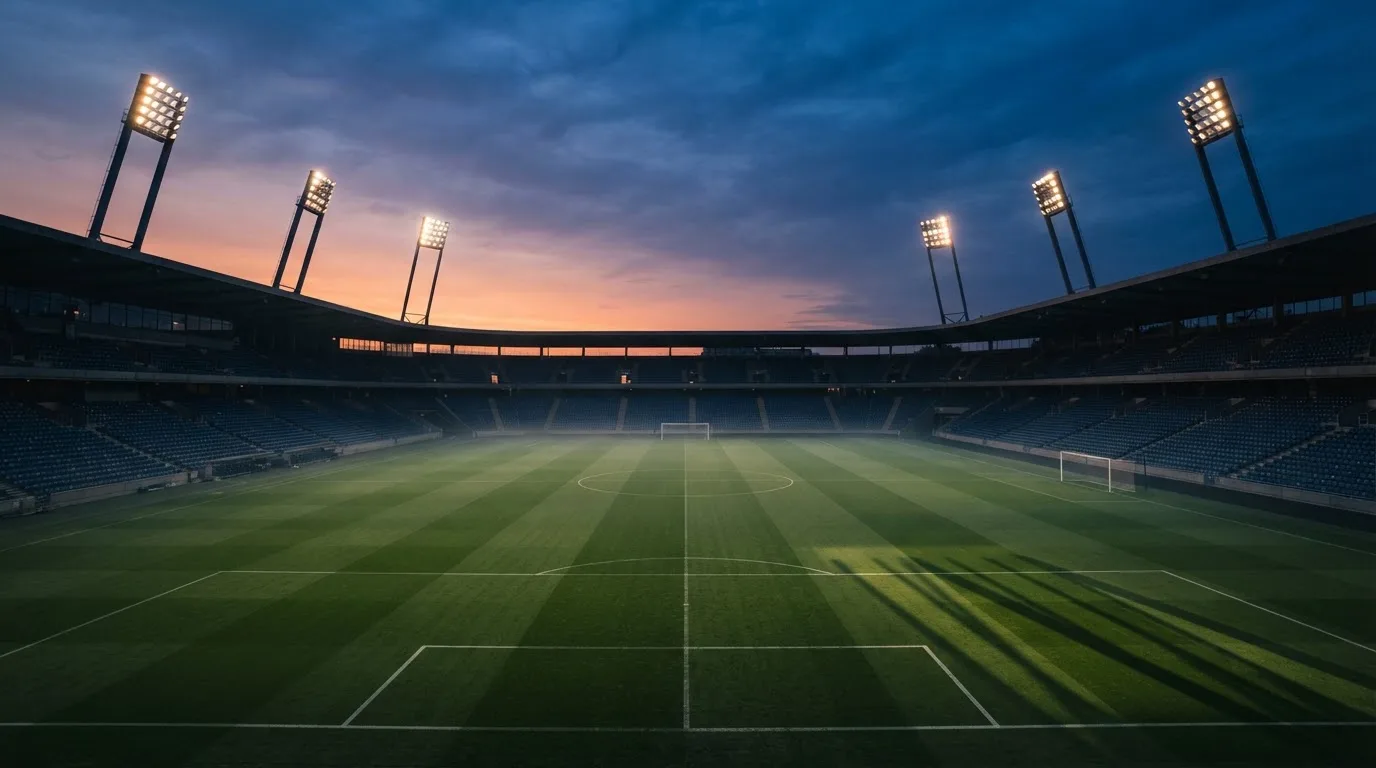 An empty football stadium with floodlight masts at dusk