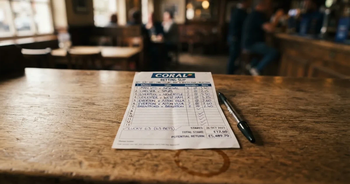 A blank paper betting slip beside a pen on a wooden counter