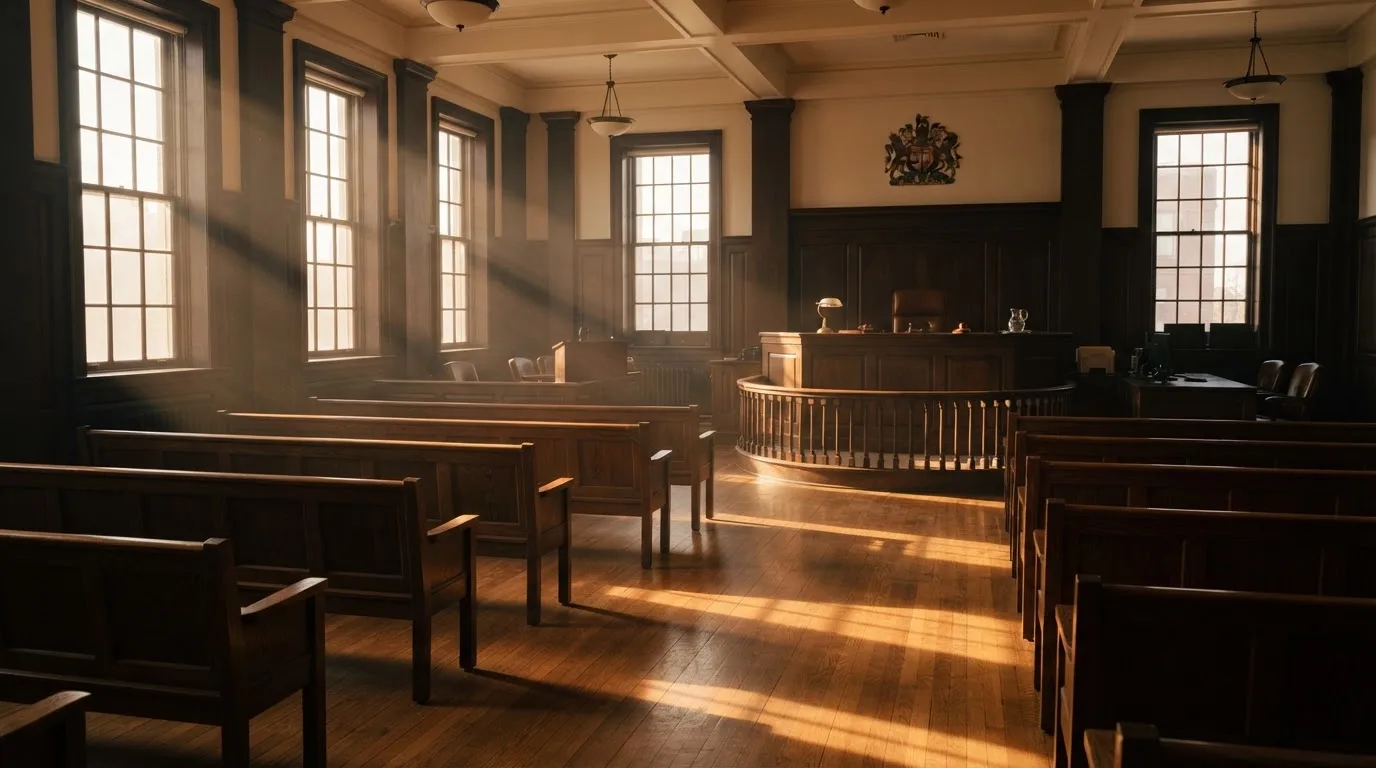 An empty courtroom with wooden benches in morning light