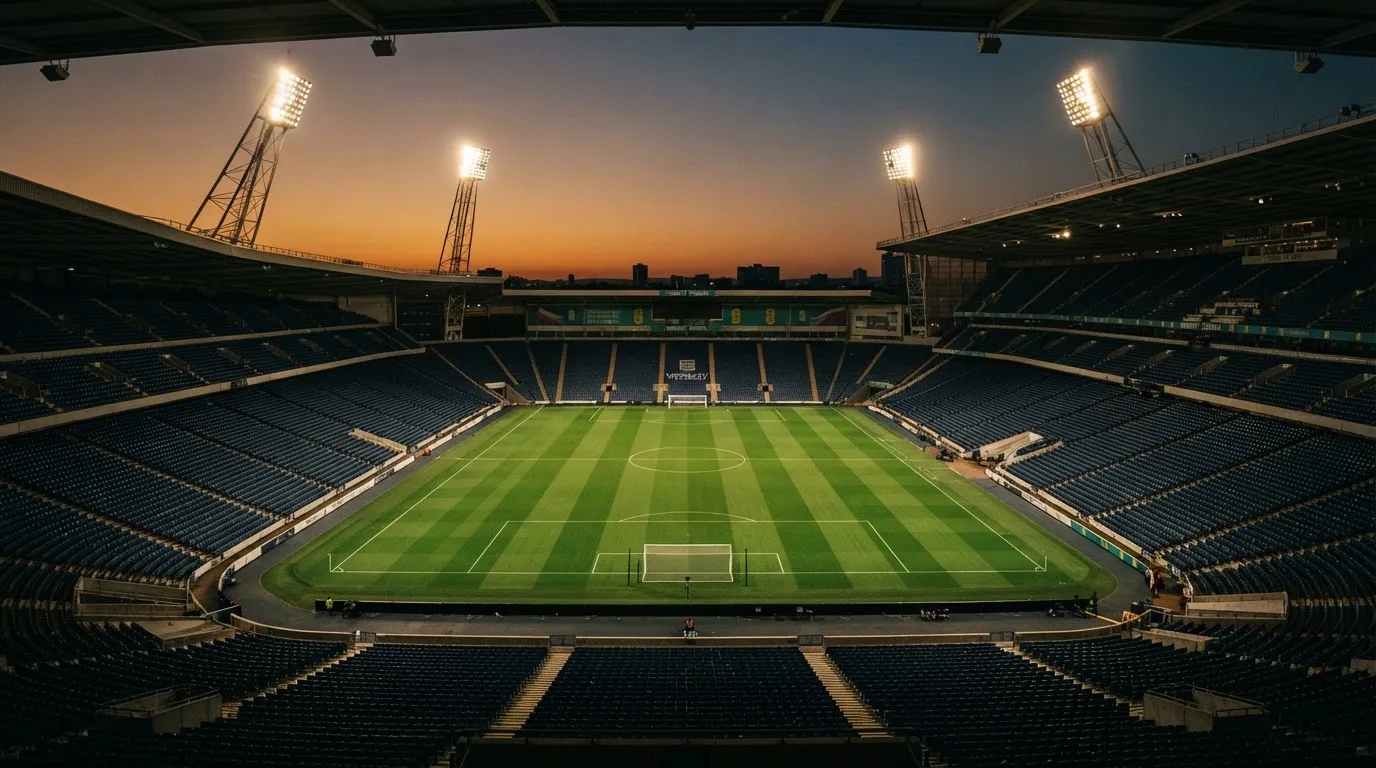 An empty football stadium with floodlight masts at dusk