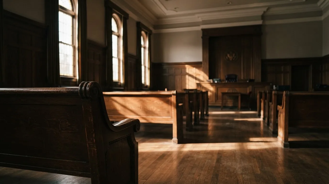 An empty courtroom with wooden benches in morning light
