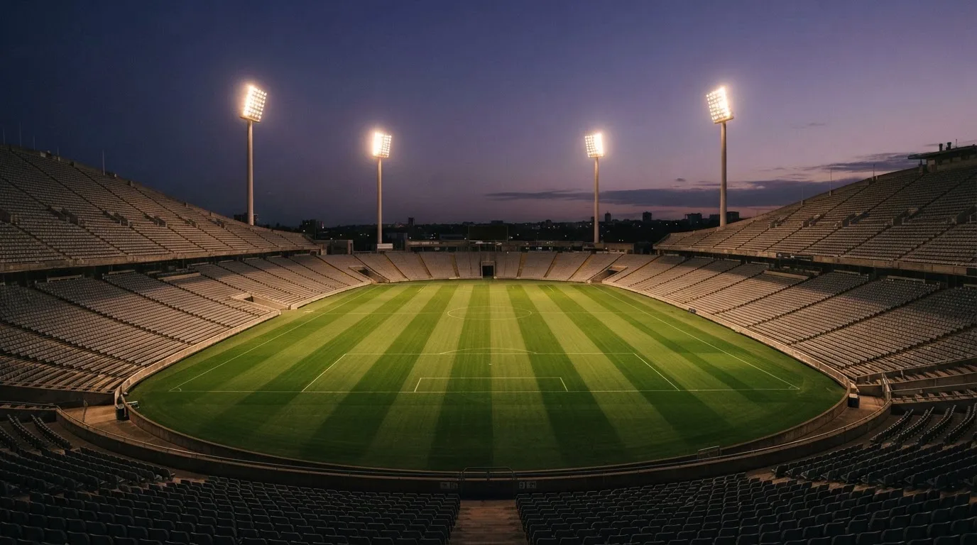 An empty football stadium with floodlight masts at dusk