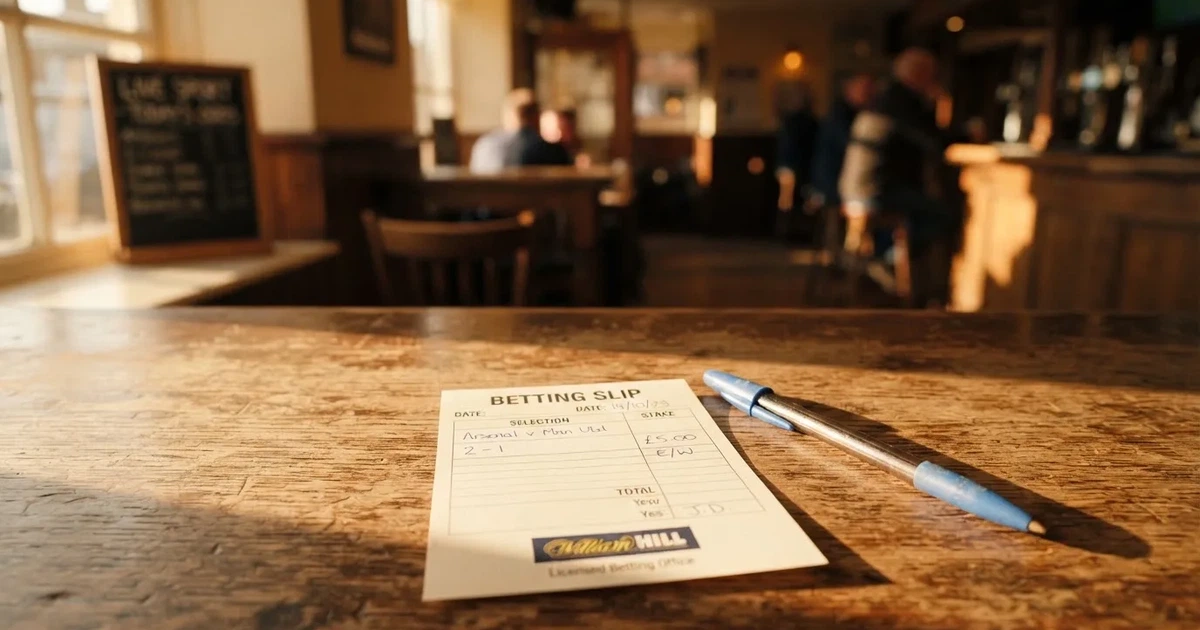 A blank paper betting slip beside a pen on a wooden counter