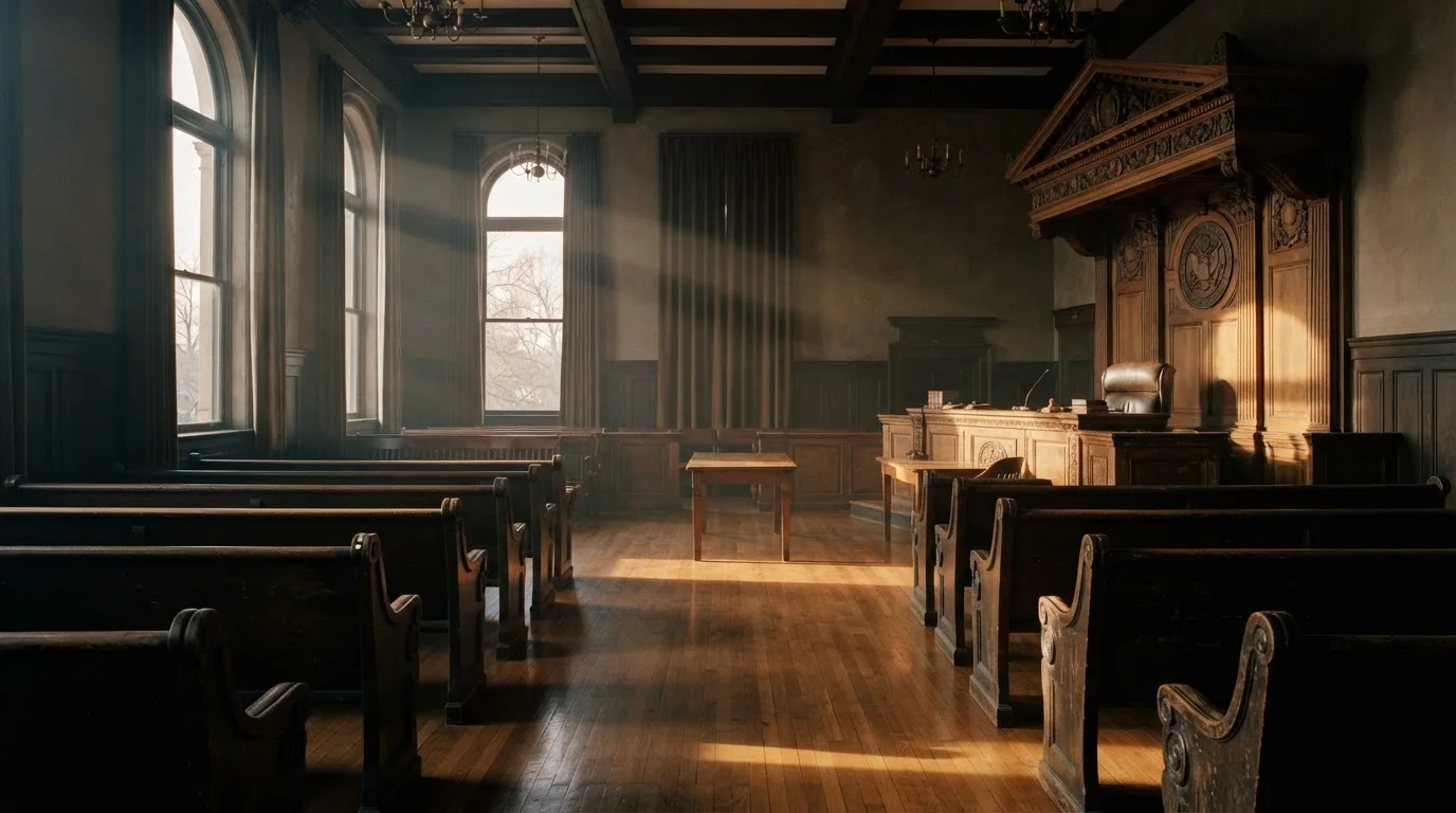 An empty courtroom with wooden benches in morning light