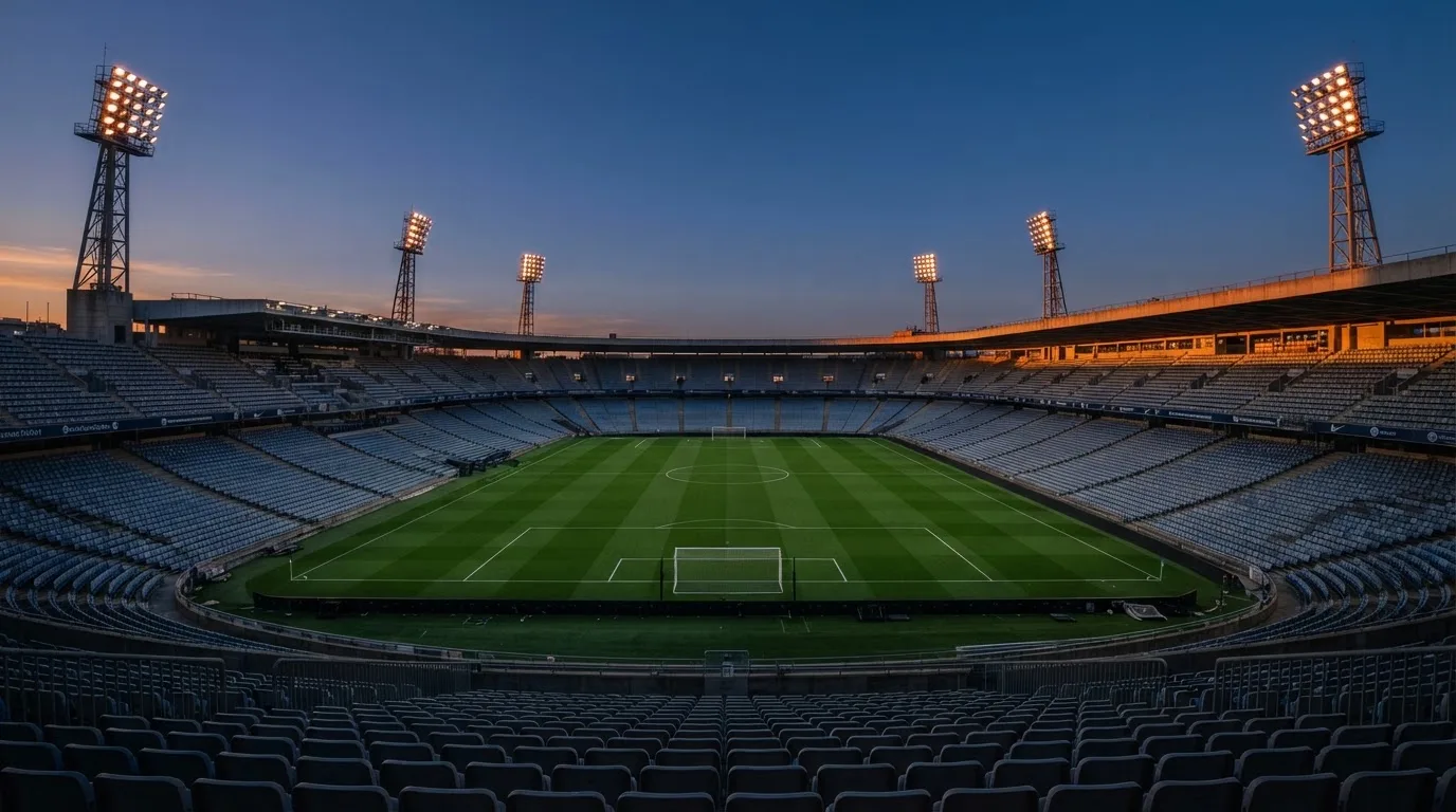 An empty football stadium with floodlight masts at dusk