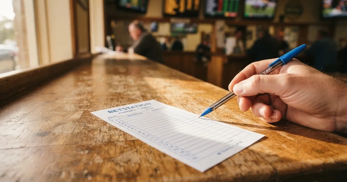 A blank paper betting slip beside a pen on a wooden counter