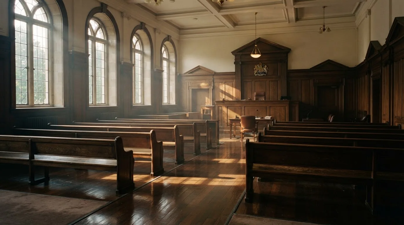An empty courtroom with wooden benches in morning light